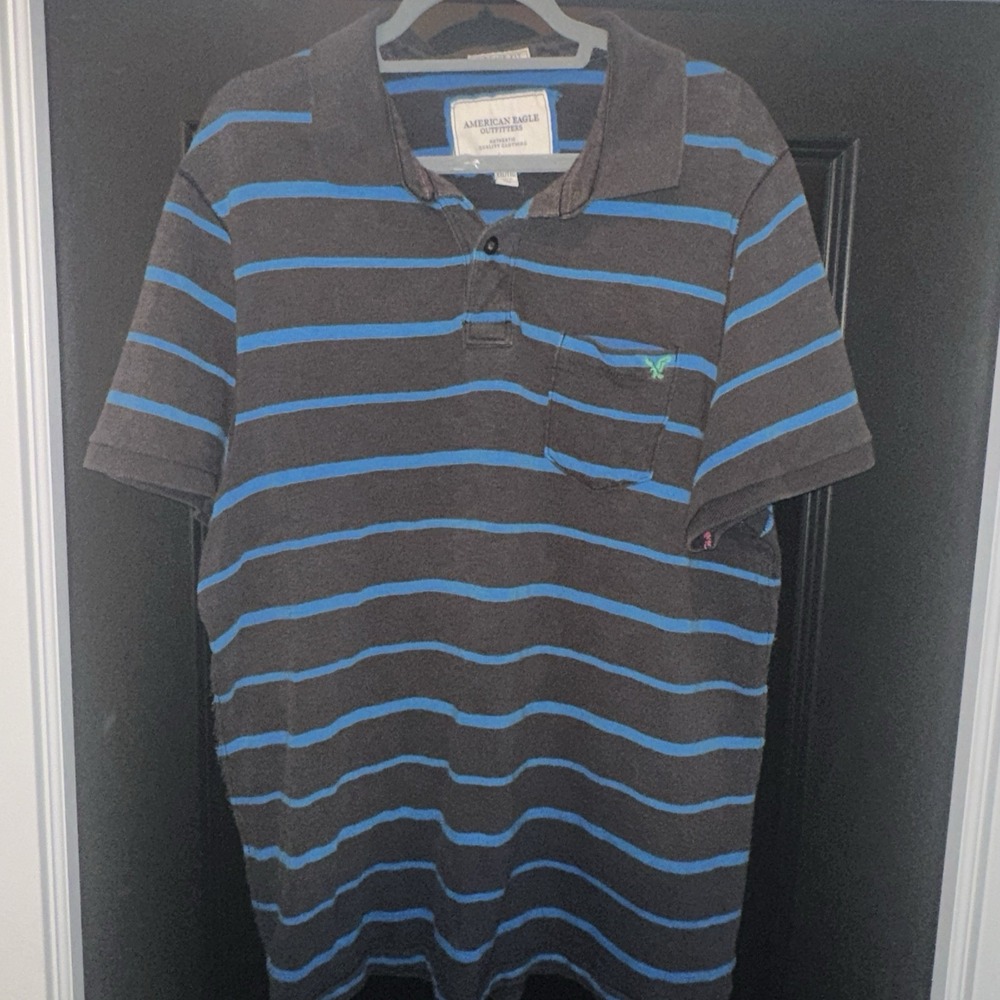 Y2K American Eagle‎  Vintage Fit Men's Blue/Brown Striped Polo Size XXL
